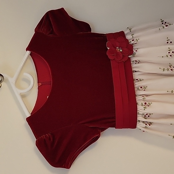 Cinderella Maroon Velvet Floral Embroidered Lace Bow Tie Back Valentine's Dress - Picture 3 of 10